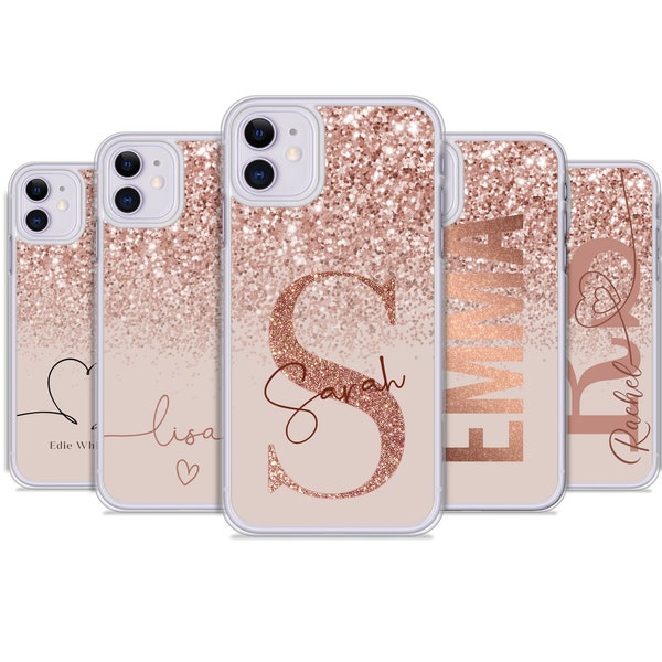 PERSONALISED phone case name initials transparent plastic with rose gold phone cover for apple iphone 11 Pro Xs XR Xs Max  Christmas gift