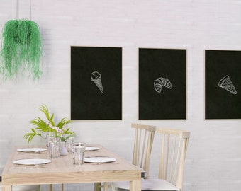 Kitchen Food Print Set: Ice Cream, Pizza, Croissant (A4, A5)