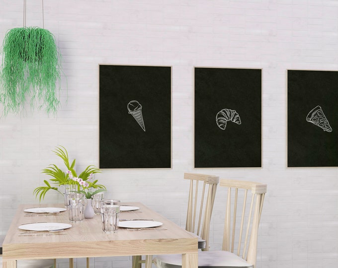 Kitchen print posters Black background White drawing Ice cream Pizza Croissant A4 A5 Framed printFather's Day