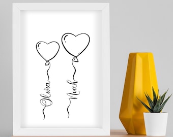 Personalized Family Heart Balloons Print: Custom Home Wall Art