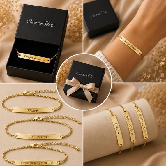 Custom Jewelry Engraved Bracelet, Personalized Gold Bar Bracelet, Name Date Initial Jewelry, Birthday Gift for Her, Minimalist Bracelet