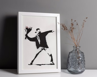 Banksy The Flower Thrower Print, Graffiti Wall Art, Urban Street Art, Poster print on canvas textured fine art photo paper, frame options