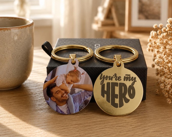 Custom Dad Photo Keychain, Personalized Picture Keyring, Father's Day Gift for Dad, Best Dad Gift, Engraved Family Keepsake
