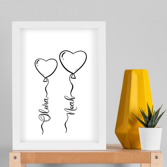 Personalized Family Heart Balloons Print: Custom Home Wall Art