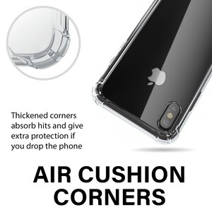 May include: A clear phone case with raised edges around the camera lens and corners. The case has a black phone inside. The text "AIR CUSHION CORNERS" is printed below the phone case.