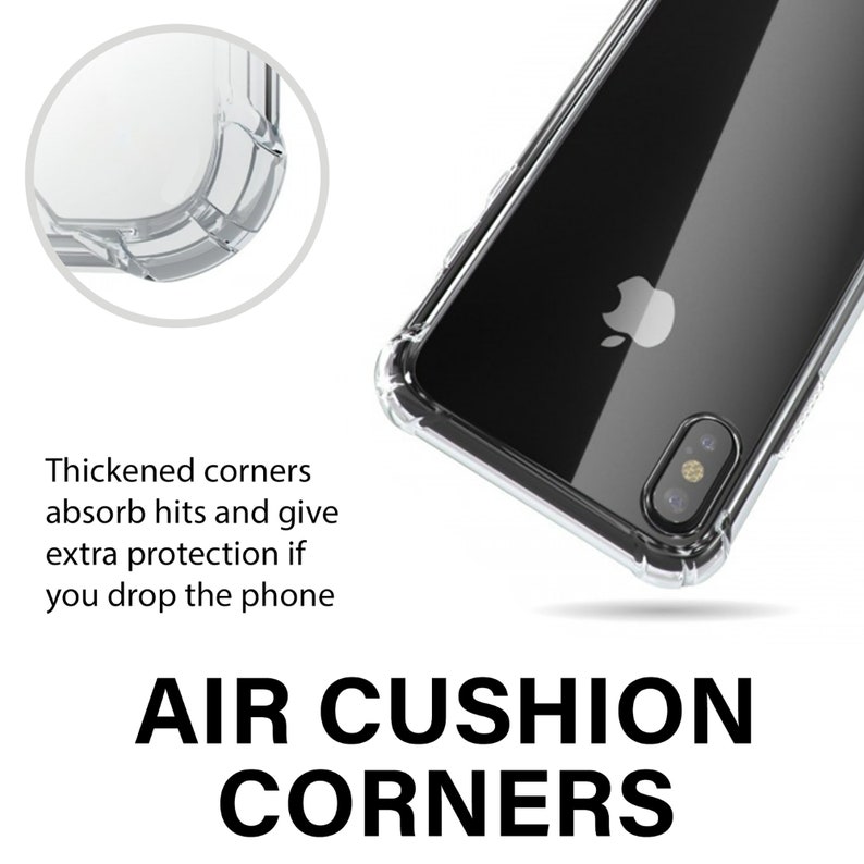 May include: A clear phone case with raised edges around the camera lens and corners. The case has a black phone inside. The text "AIR CUSHION CORNERS" is printed below the phone case.