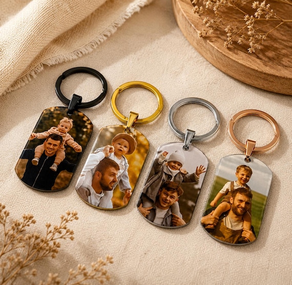 Custom Photo & Text Engraved Keychain – 4 Colors