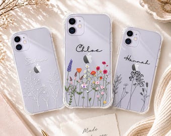 Custodia per iPhone personalizzata con fiori e nome, custodia per telefono con fiori selvatici, custodia floreale estetica, regalo personalizzato con nome per lei, custodia per iPhone 16 15 14 13
