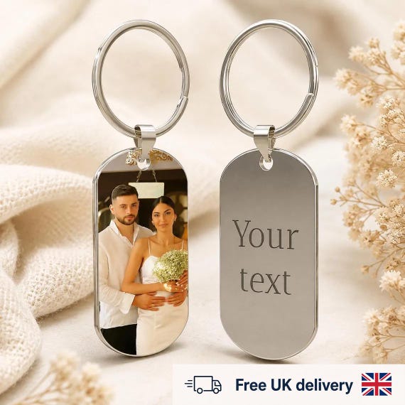 Custom Photo & Text Engraved Keychain – 4 Colors