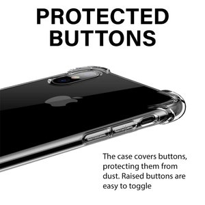May include: A clear phone case with raised buttons to protect them from dust. The case is designed to fit a smartphone with a single rear camera.