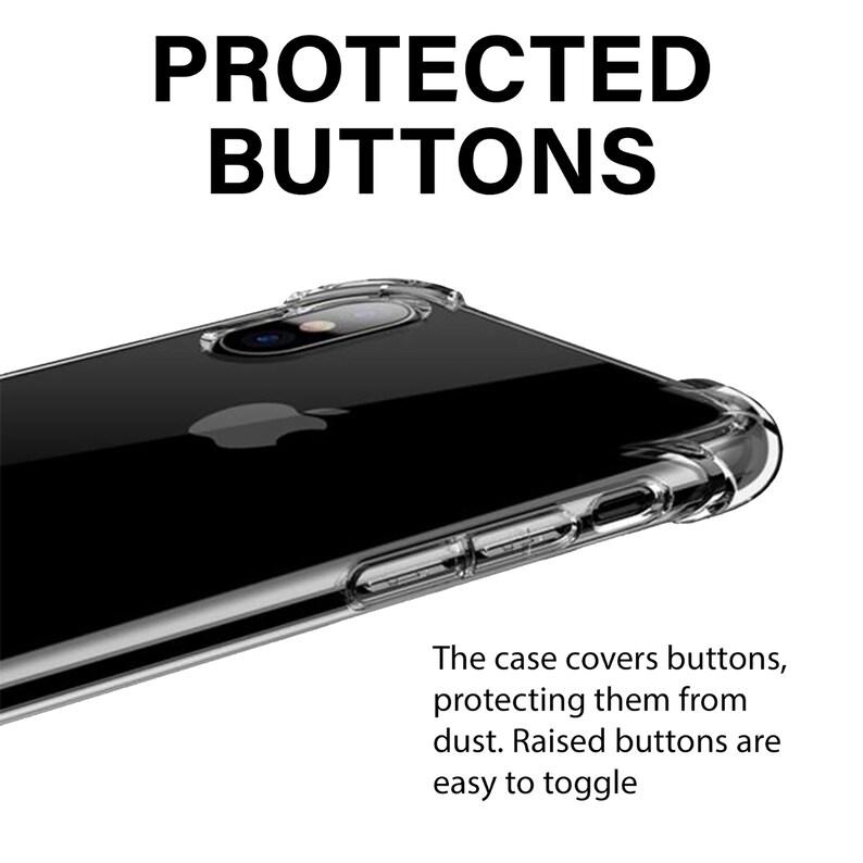 May include: A clear phone case with raised buttons to protect them from dust. The case is designed to fit a smartphone with a single rear camera.