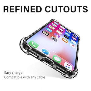 May include: A clear phone case with cutouts for the camera, charging port, and buttons. The case is designed to be compatible with any charging cable. The text "REFINED CUTOUTS" is printed at the top of the image.