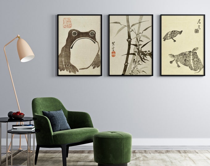 Matsumoto Hoji Ugly frog print set Asian art Wabi sabi wall art bathroom wall decor Vintage Japan Art Japanese reprint cute toad