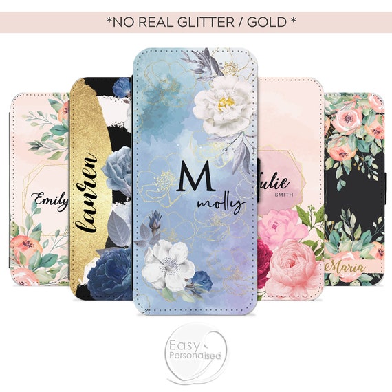 Personalized Floral Wallet Phone Case: Initial Name PU Leather