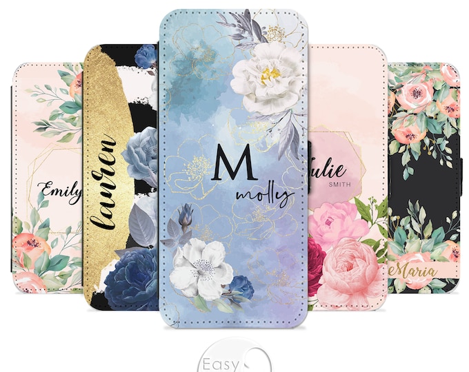 Initial Name Personalised Floral Flip Wallet PU-leather phone case for iPhone X 6 6s 7 8 Plus for Samsung S6 S7 Edge S8Father's Day
