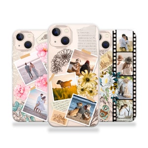 May include: A clear phone case featuring a collage of photographs and floral designs. The images include couples, dogs, and a cat. The text on the case reads "There are birds in their feathers, there are fish in their fins, there are flowers in their stems, and there are stars in their skies."