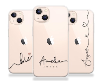 名入れiPhoneケース、ミニマルなクリアスマホケース、カスタムテキストケース、おしゃれな名前入りケース、女性へのギフト、iPhone 16 15 14 13