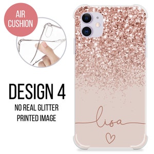 May include: A clear phone case with a rose gold glitter design and the name "lisa" written in cursive with a heart below it. The case is designed for a phone with a dual camera lens.