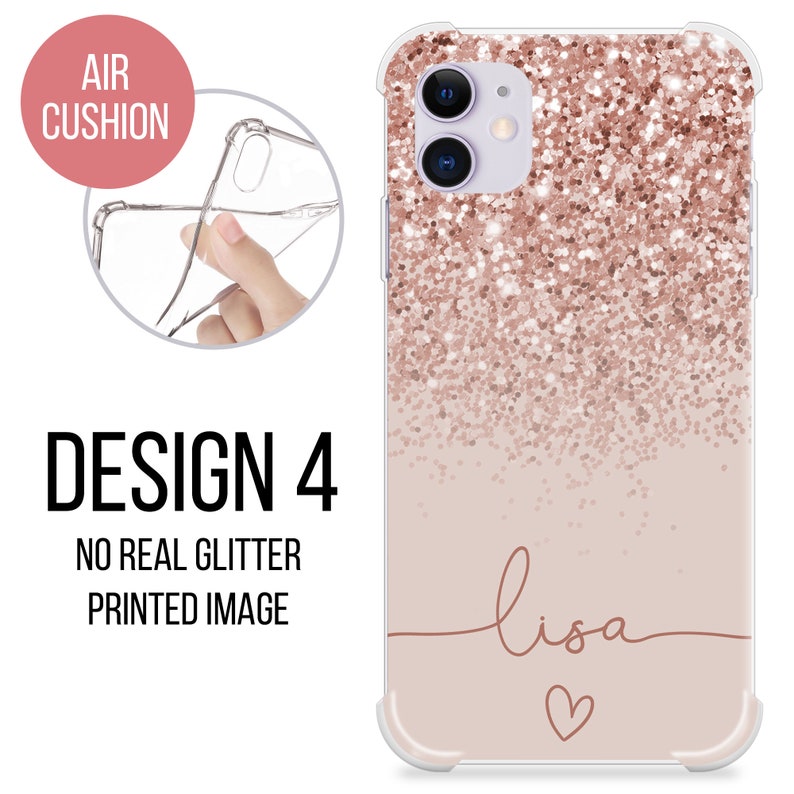 May include: A clear phone case with a rose gold glitter design and the name "lisa" written in cursive with a heart below it. The case is designed for a phone with a dual camera lens.
