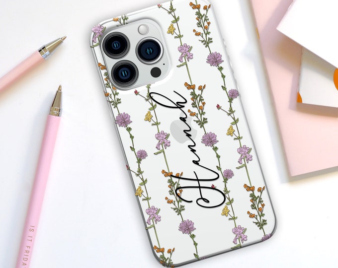 Personalised Phone case iPhone 15 custom name vertical flower phone silicone cover iPhone 7 8 X Xs max Xr 11 12 13 Pro MAX 14 Plus Pro Max