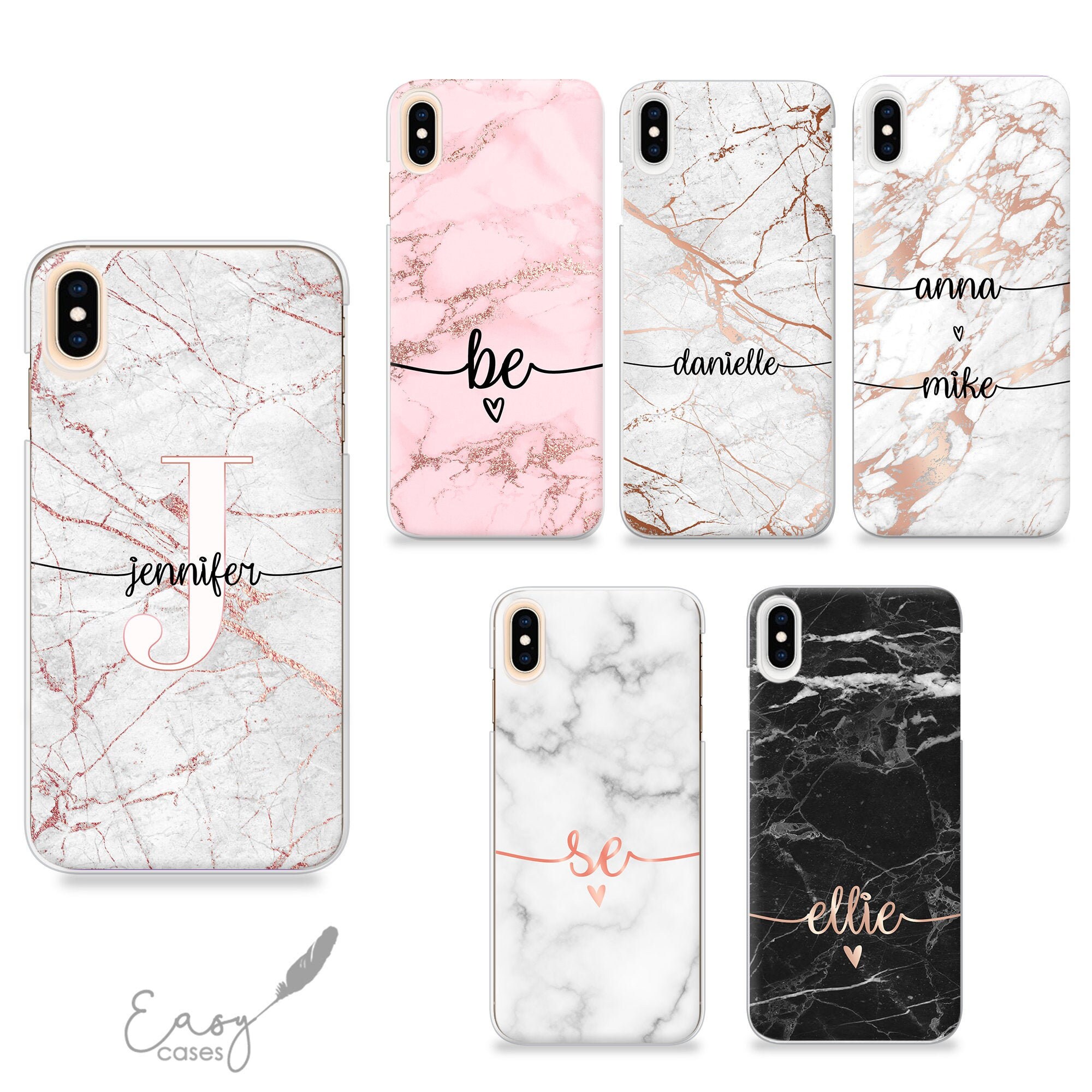 Personalised Initials Hard Phone Case For Apple iPhone SE (2020) (2nd Gen),  Black Marble Print with Custom White Monogram & Diamond Polka Dot, Marble