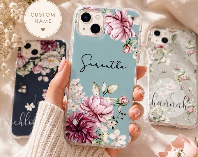 Personalized Floral iPhone Case Custom Name, Aesthetic Flower Phone Case, Custom iPhone Case Gift for Her, Cute Floral Case iPhone 16 15 14