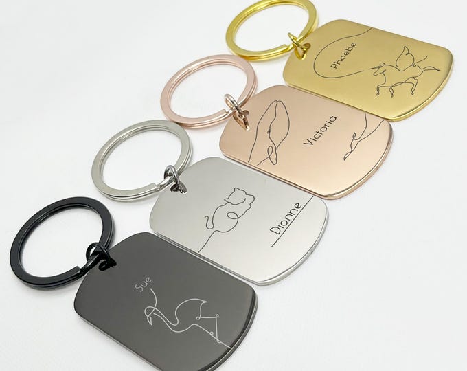 Personalised Line Art Animal Keychain - Custom Engraved with Name or Initials - Minimalist One Line Drawing Keyring GiftFather's Day