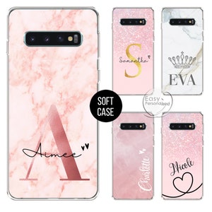 Personalised phone case for Samsung with pink marble initials and custom name soft silicone Galaxy S8 S9 Plus S10 Plus S10e S20 S20 Plus