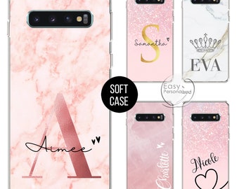 Personalised phone case for Samsung with pink marble initials and custom name soft silicone Galaxy S8 S9 Plus S10 Plus S10e S20 S20 Plus