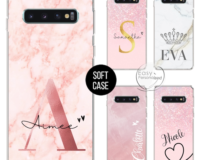 Personalised phone case for Samsung with pink marble initials and custom name soft silicone Galaxy S8 S9 Plus S10 Plus S10e S20 S20 Plus