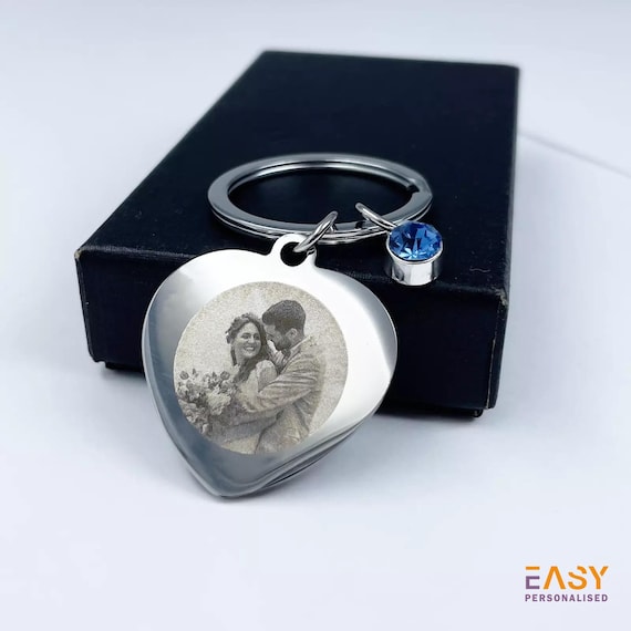 Personalized Photo Engraved Heart Keychain: Custom Text, Blue Gem