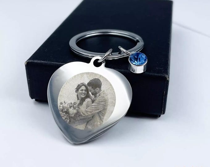 Personalized Heart-Shaped Metal Keychain with Photo Engraving, Custom Text on Back, Blue Gem Accent, Unique Gift, Photo in a Circular Shape