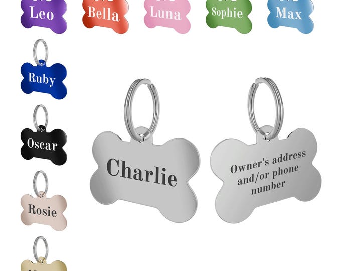 Personalized Dog Bone ID Tag – Custom Engraved Pet Name Tag with Address & Phone Number – Unique Dog Bone Keychain for Dogs and Puppies