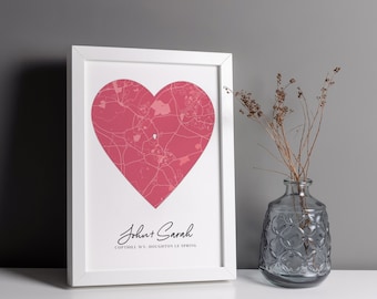 Custom Map Print & Frames | Where We First Met Where It All Began | Personalised Gift Location Home Wedding Anniversary - red heart