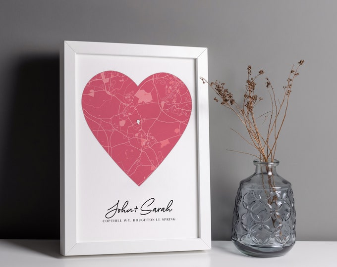 Custom Map Print & Frames | Where We First Met Where It All Began | Personalised Gift Location Home Wedding Anniversary - red heart