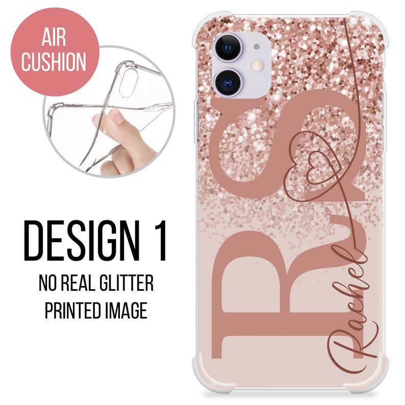 May include: A clear phone case with a rose gold glitter design and the name "Rachel" written in cursive. The case has a raised edge around the camera lens and a soft, flexible feel.