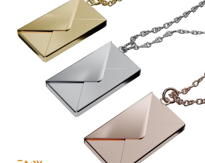 Personalized Envelope Necklace with Engraved Message – Chrome-Plated Metal Pendant with Opening Flap