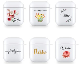 PERSONALISED AirPods 1st and 2nd Generation Pro case initials name clear silicone for Apple headphones flowers