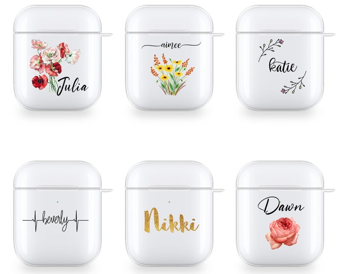 PERSONALISED AirPods 1st and 2nd Generation Pro case initials name clear silicone for Apple headphones flowersFather's Day