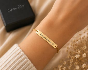 Custom Engraved Bracelet, Personalized Gold Bar Bracelet, Name Date Initial Jewelry, Birthday Gift for Her, Minimalist Bracelet