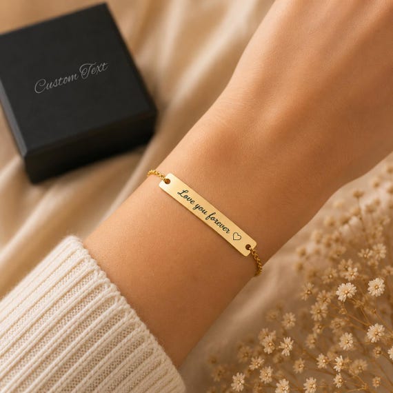 Custom Engraved Bracelet, Personalized Gold Bar Bracelet, Name Date Initial Jewelry, Birthday Gift for Her, Minimalist Bracelet