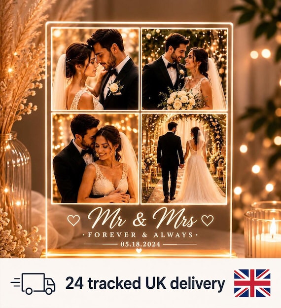 Wedding Photo Collage Night Light, Personalized Acrylic LED Lamp, Custom Couple Picture Frame, Anniversary Gift for Newlyweds