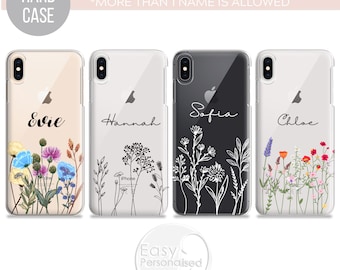 PERSONALISED phone case see through name initial hard plastic phone case cover floral for apple iphone 11 Pro Xs XR Xs MAX Christmas gift