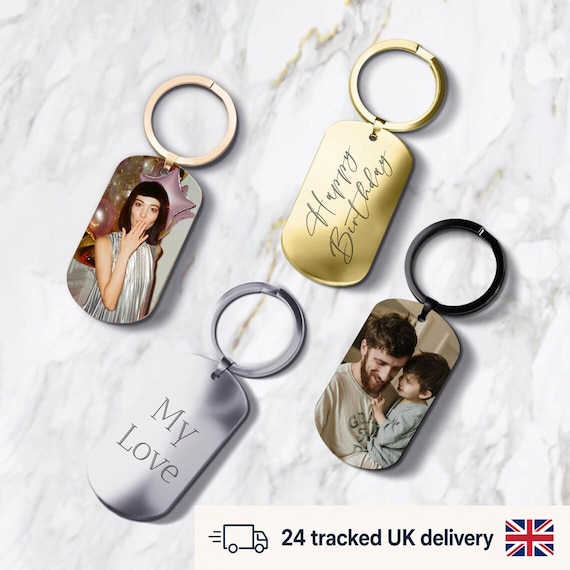 Custom Photo & Text Engraved Keychain – 4 Colors