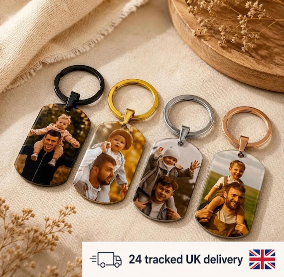 Custom Photo & Text Engraved Keychain – 4 Colors