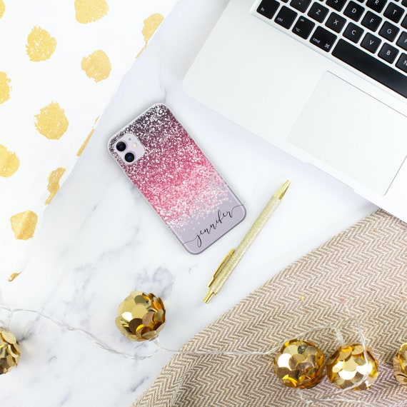 Personalized Pink Glitter iPhone Case: Initial Name Silicone Cover