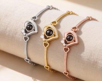 Personalised Photo Projection Heart Bracelet, Custom Picture Jewellery in Three Finishes