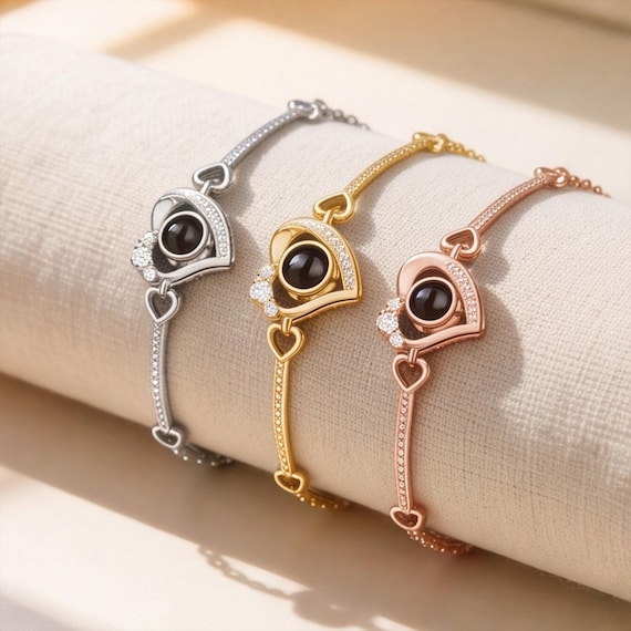 Personalised Photo Projection Heart Bracelet, Custom Picture Jewellery in Three Finishes