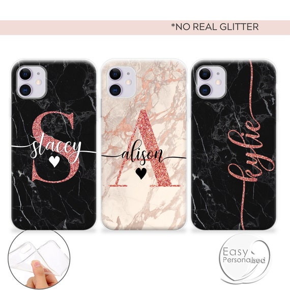 Personalised Phone Case Initials Name Rose Gold Love Hearts Custom Cover for  iPhone 11 12 6 7 8 X XS Max XR Pro Plus 