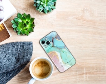 Personalized Marble iPhone Case: Custom Name, Hearts Silicone Cover